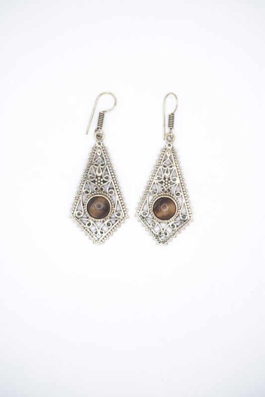 Stone-Bead Dangle Brass Earrings