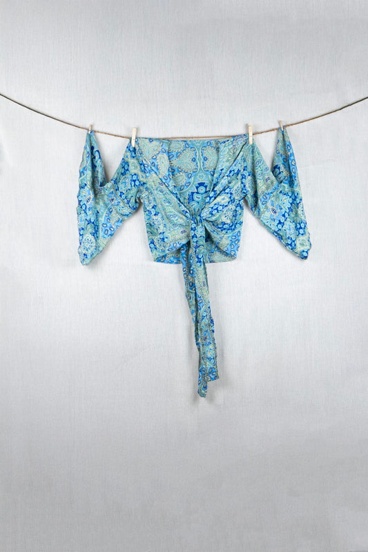 Shiva Blue Silk Crop Top - with golden prints
