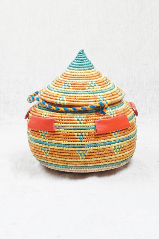Orange Sunset Palm Wicker Bowl with Lid