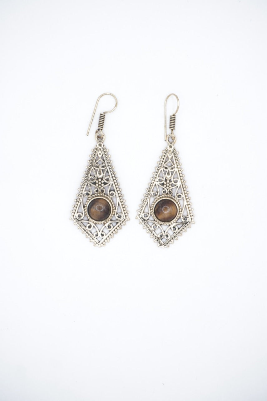 Stone-Bead Dangle Brass Earrings