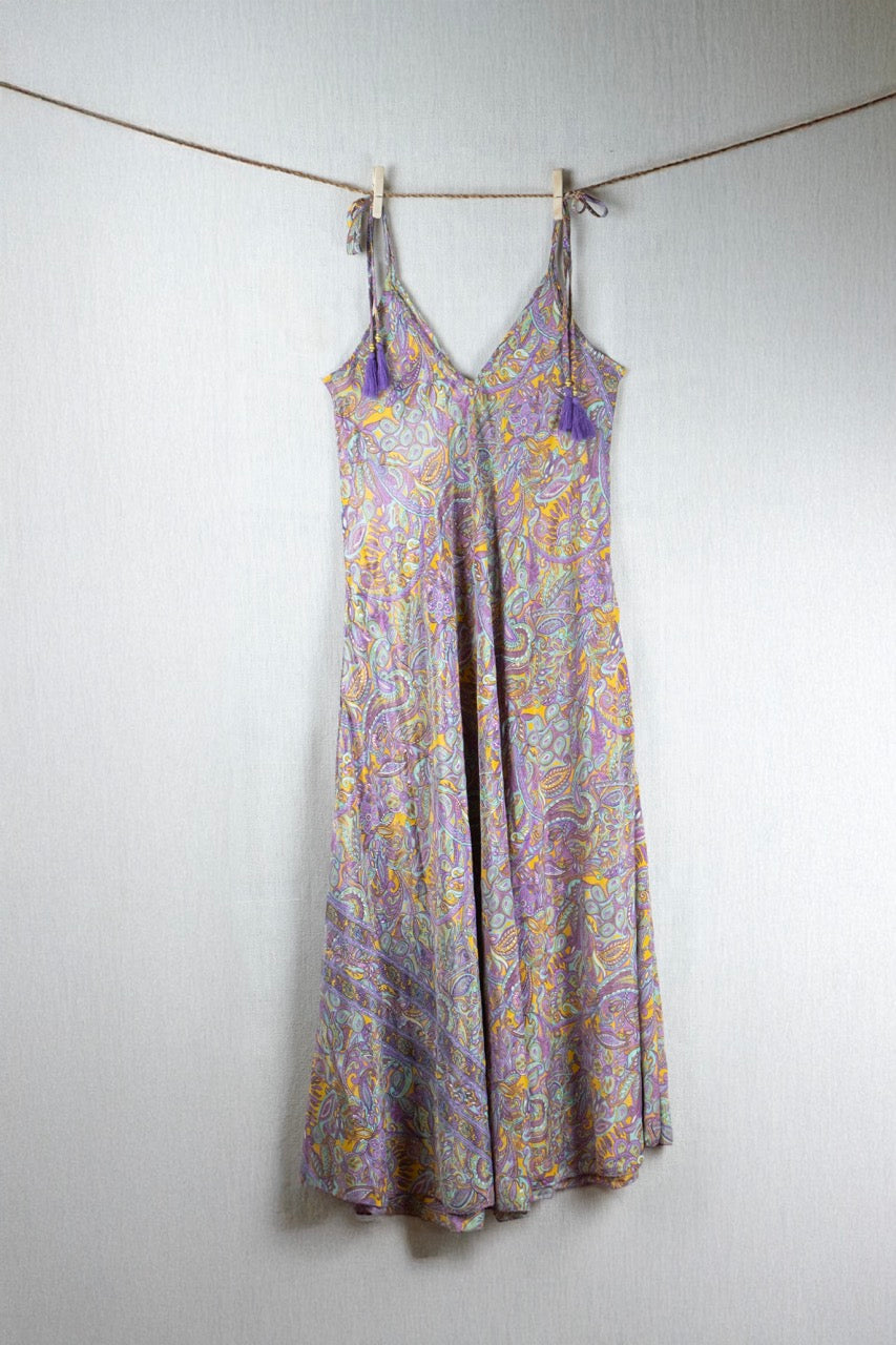 Sunrise Orchid Silk Long Dress  - with golden prints