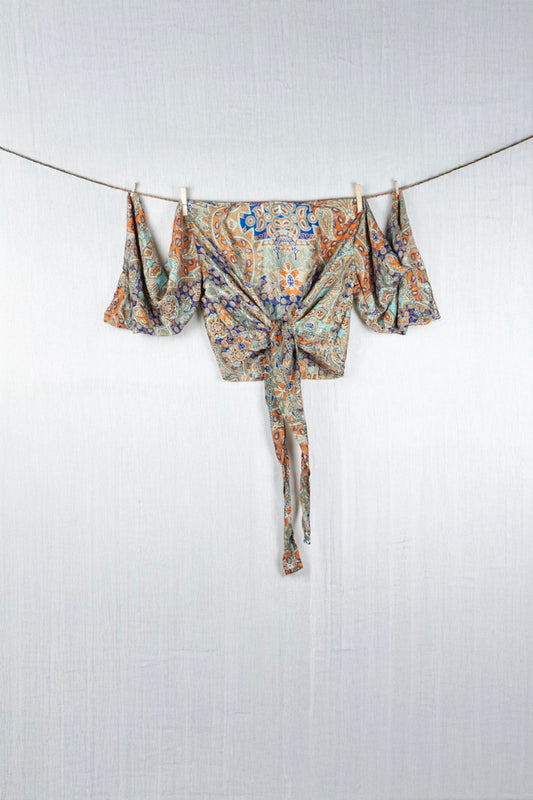 Kesari Glow Silk Crop Top - with golden prints