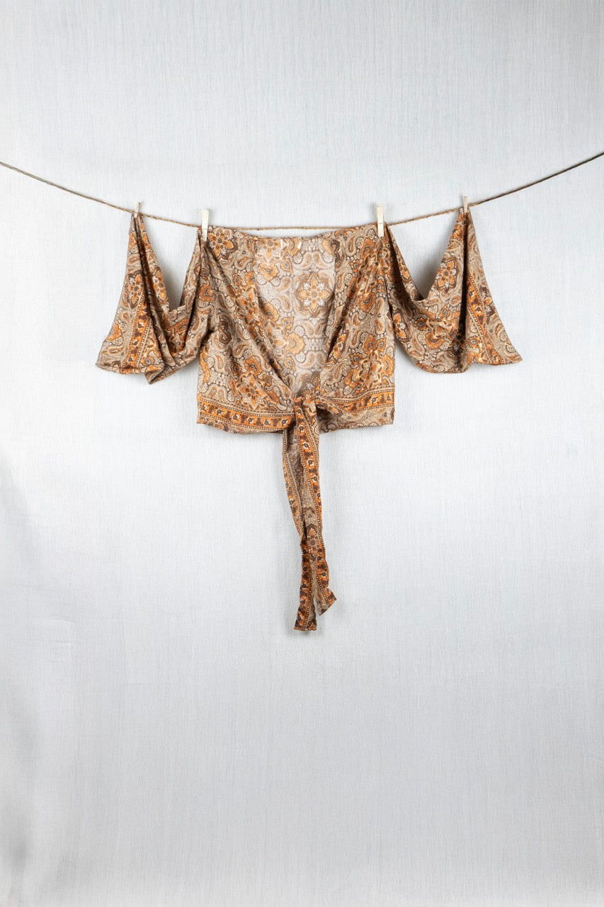 Mehroon Bloom Silk Crop Top - with golden prints