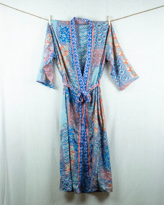 Sapphire Silk Kimono - with golden prints