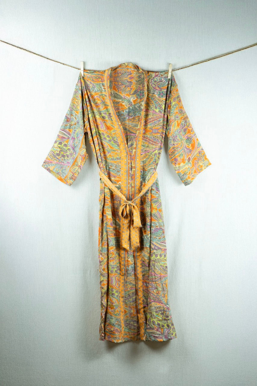 Amber Glow Silk Kimono - with golden prints