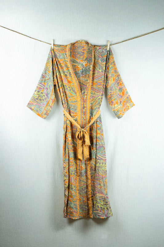 Amber Glow Silk Kimono - with golden prints
