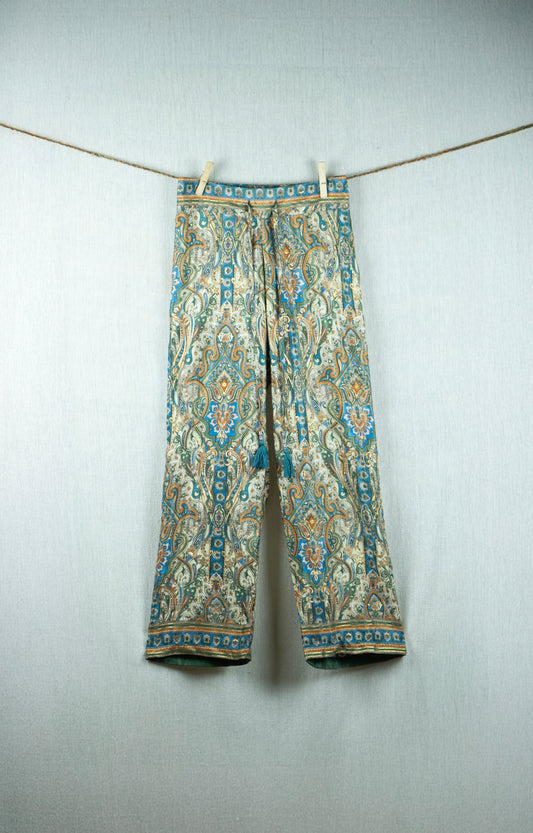 Emerald Glow Silk Pants - with golden prints