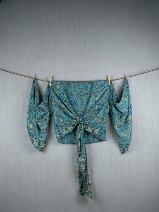 Azure Canvas Crepe Silk Top - with golden prints