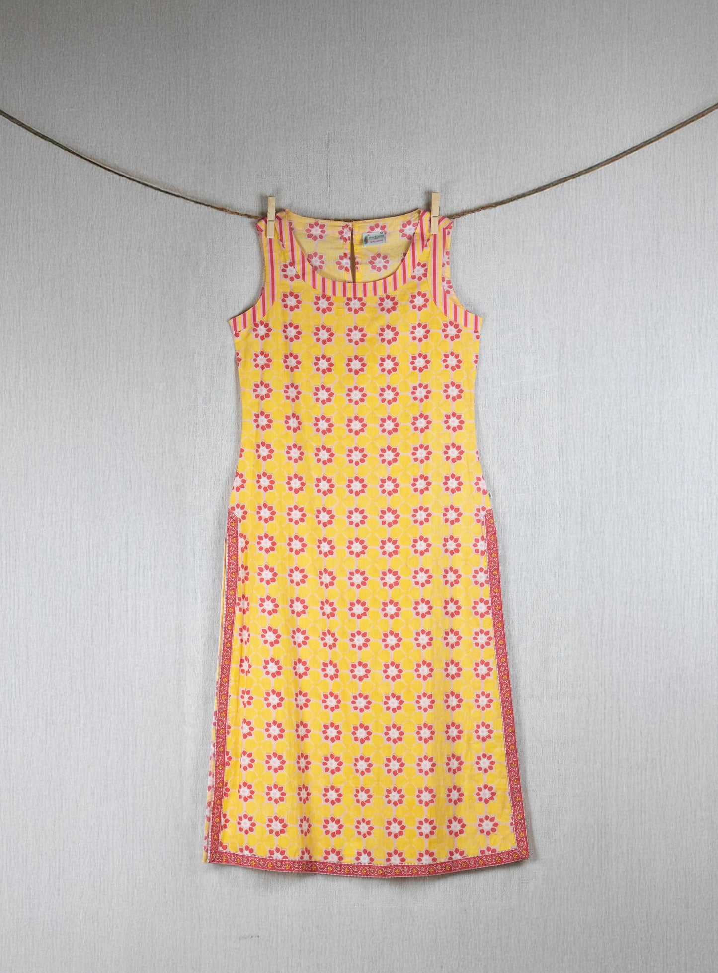 Peela Blotched (Yellow) Block-printed Cotton long Dress