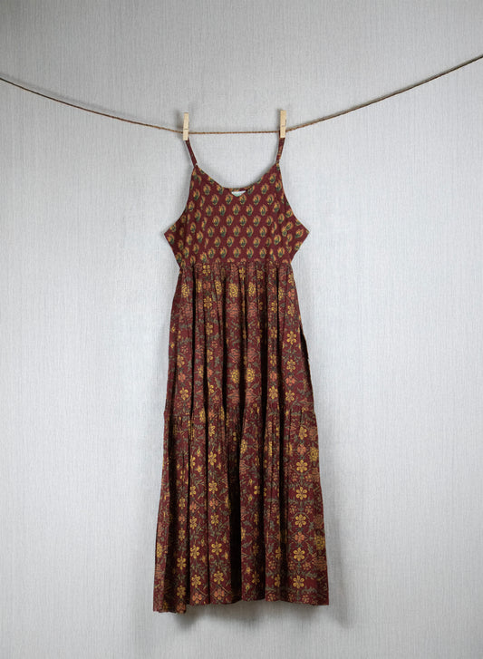 Maroon Blossom Block-printed Cotton long Dress