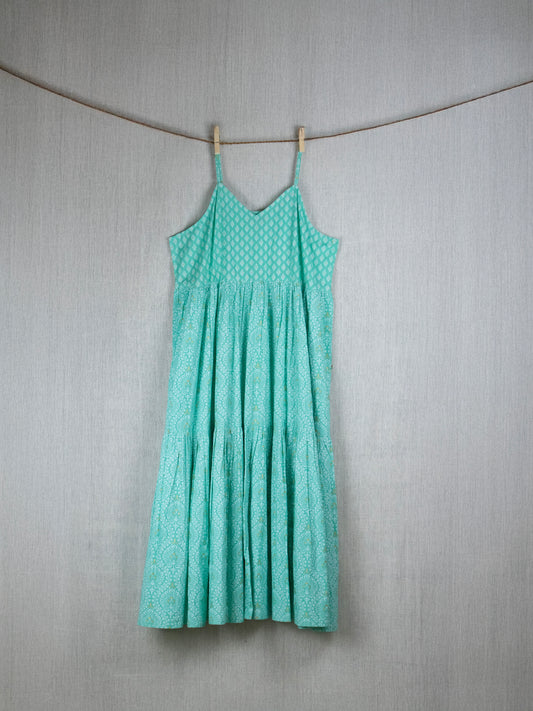 Cyan Sunrise Block-printed Cotton long Dress