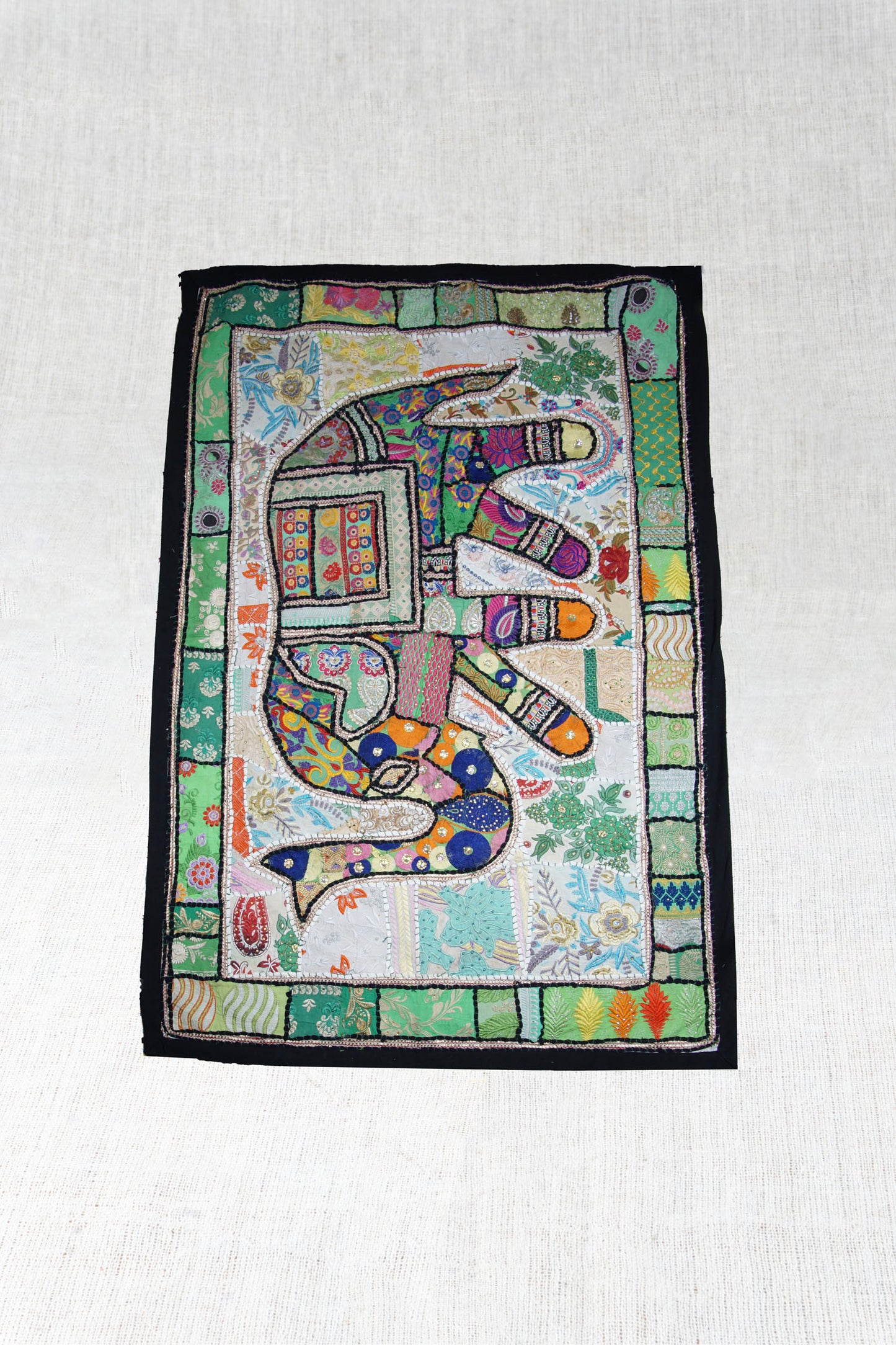Green Guardian Elephant Hand-Embroidered Tapestry